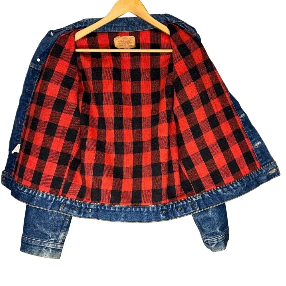 Vintage Levi's Buffalo Plaid Flannel-lined‎ Denim Trucker Jacket 80s Men's S / M